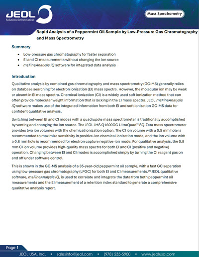 Rapid Analysis of a Peppermint Oil Sample by Low-Pressure Gas Chromatography and Mass Spectrometry